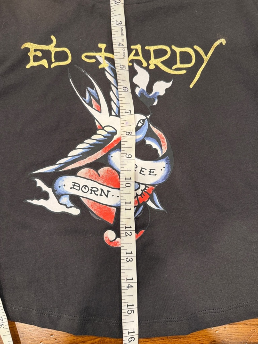 Ed Hardy Black Tee with Gold Logo and Red, Blue Tattoo Graphic - Picture 5 of 5